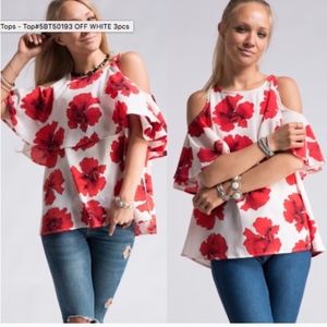 Fashionomics Tops - Big Red Floral Print Cold Shoulder Top NEW Fashionomics Tops - Big Red Floral Print Cold Shoulder Top NEW